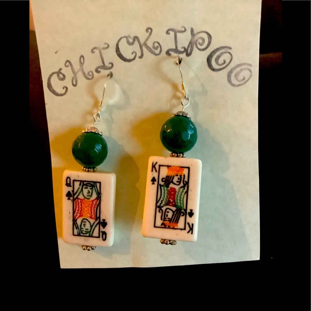😊Chickipoo earrings Jade plus King & Queen of Spades in carved bone & Sterling